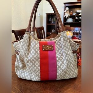 Kate Spade flower jacquard purse tan pink orange stripe